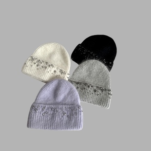 女士毛线帽针织帽保暖滑雪帽显脸小兔毛氛围感手工带钻宝石奢华感