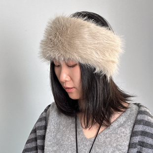 多用途显脸小遮白发半帽日系秋冬女士帽带人造毛毛保暖护耳帽发带