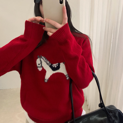 ind Time-毛提花小马图案圆领套头保暖毛衣（含100绵羊毛）L61183