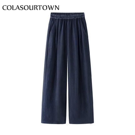 藏青醋酸高腰显瘦阔腿裤女2026夏季新款慵懒风宽松气质百搭休闲裤