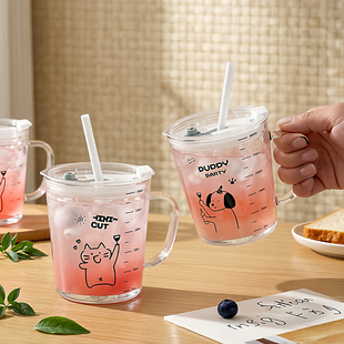 儿童玻璃杯带刻度手柄食品级卡通可爱牛奶杯子耐高温家用吸管水杯