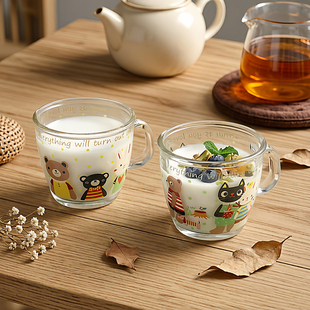 韩国儿童水杯可爱卡通玻璃杯带把手喝牛奶专用杯子无铅家用马克杯