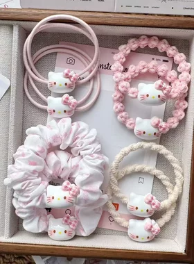 甜美粉蝴蝶结猫咪发圈皮筋套装