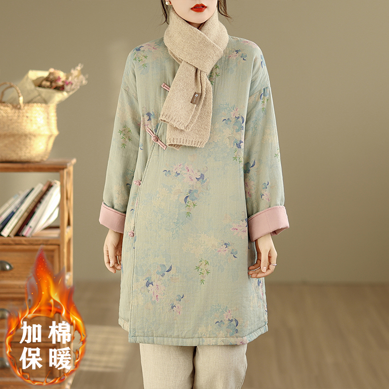 日常新中式棉麻夹棉加厚棉服中长款国风盘扣禅修棉衣保暖茶服外套