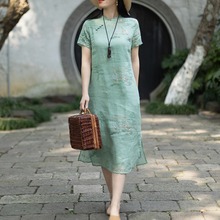 奥黛旗袍茶服仙女禅意国风新中式日常茶艺师工服棉麻小个子连衣裙