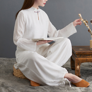 中国风居士服女春秋佛系打坐禅意寺院拜佛衣服高端棉麻修行禅修服