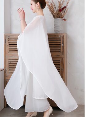 中式禅舞服装白色仙女禅意连衣裙茶服文艺古筝演出服长裙茶服套装