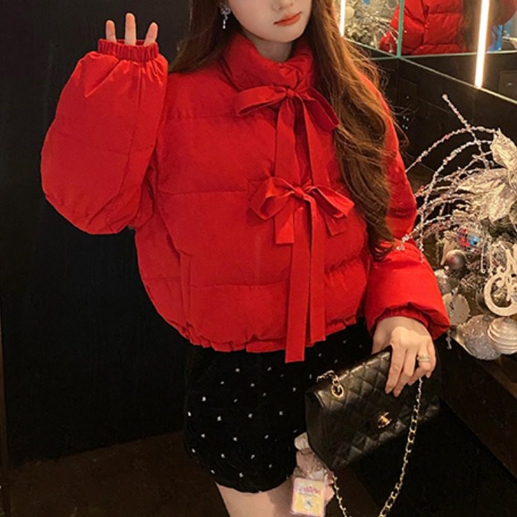 订婚红袄白鸭绒羽绒服新娘结婚冬装回门时尚小个子少女圣诞节外套