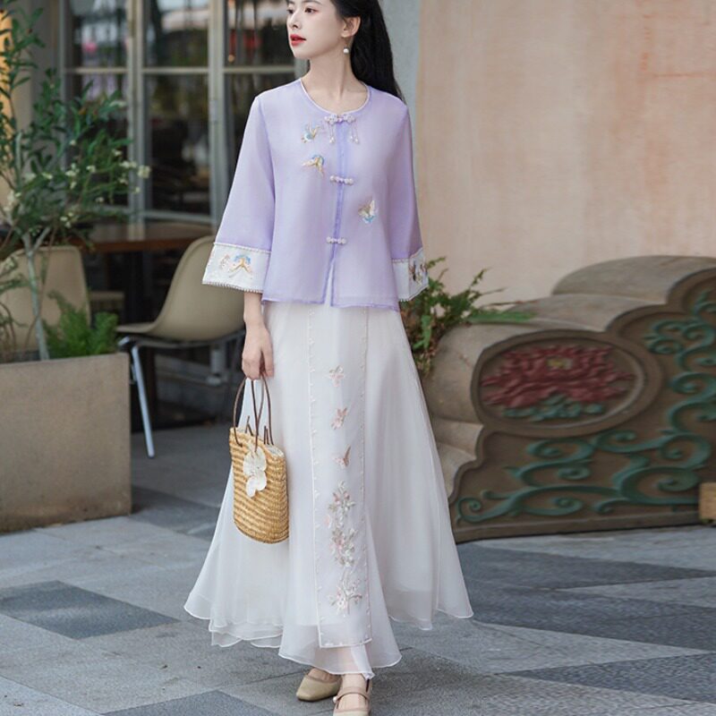 新中式仙女茶禅服复古日常上衣古琴汉服民国风茶艺师工作服套装