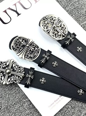 藤蔓雕花十字针扣皮带情侣款男女腰带明星款暗黑朋克哥特铆钉裤带