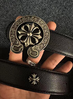 古银字母十字圆扣腰带经典明星款皮带男裤带白色荔枝纹藤蔓腰带女