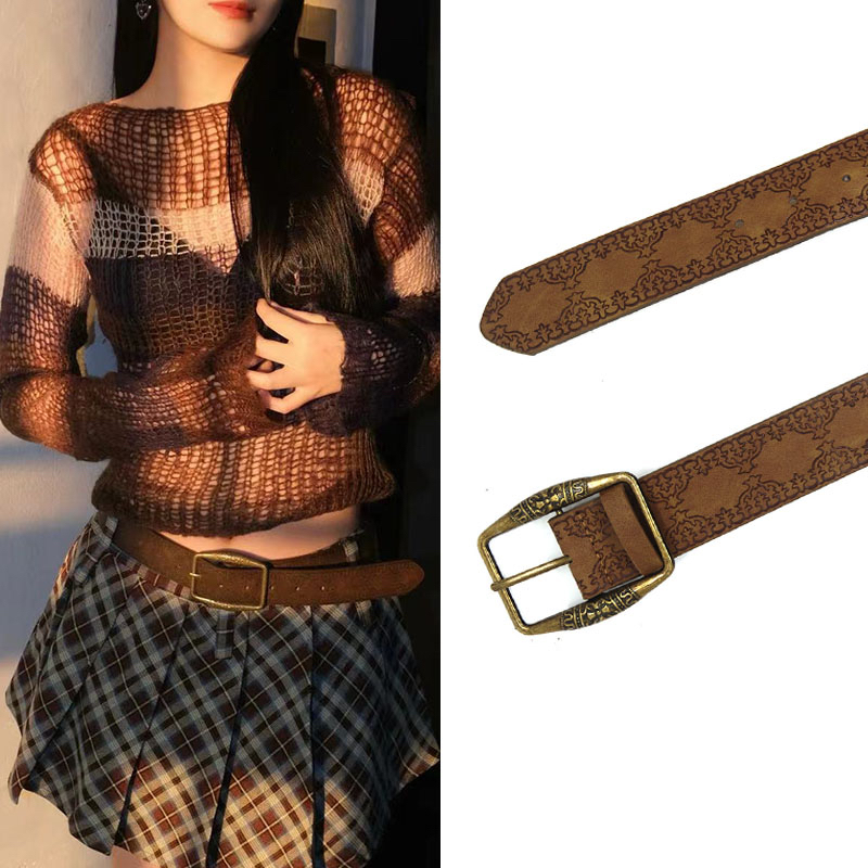 潮流新款美式复古y2k腰带女民族风皮带百搭配牛仔裤带高级感棕色