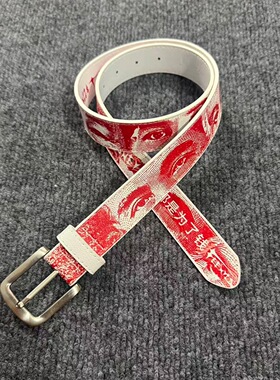 欧美风辣妹日常红色纹理小众百搭针扣腰带特别印花图案带男女通用