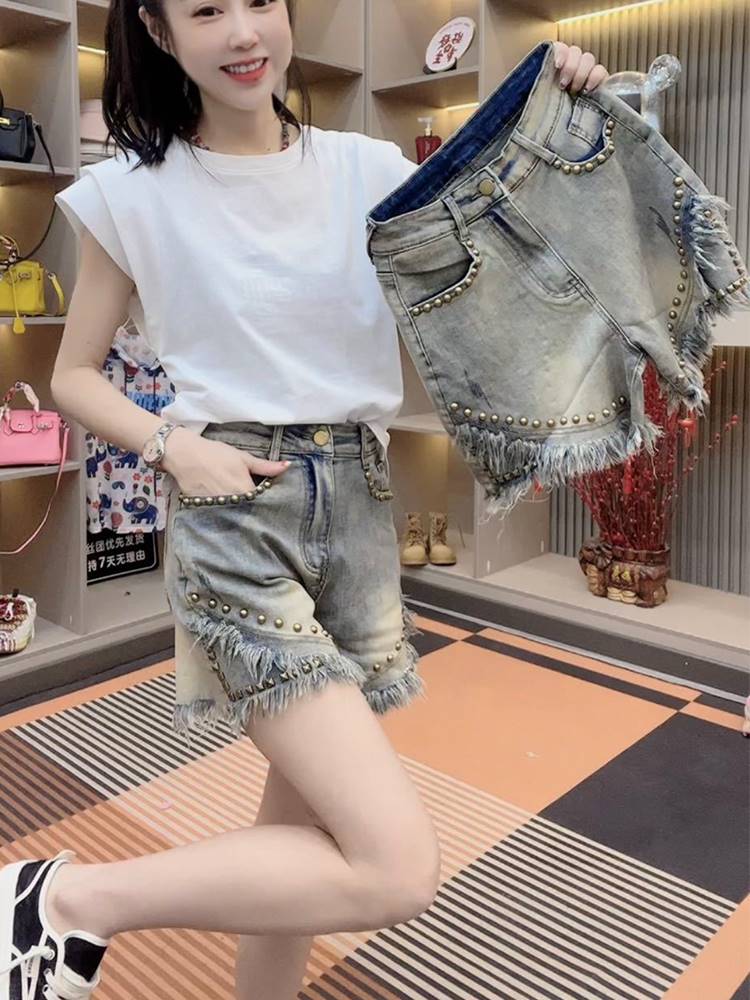 梨型身材裤子大码薄款铆钉牛仔短裤女夏季胖宽松显瘦中裤五分裤