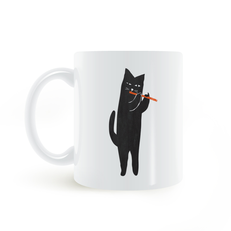 Black cat with flute mug拿着长笛的黑猫马克杯