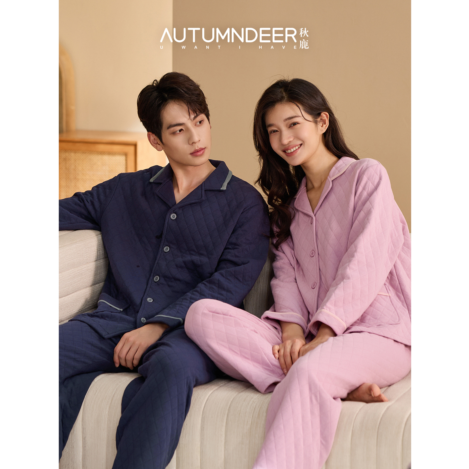 秋鹿空气棉睡衣女冬季2025新款薄夹棉秋冬情侣套装纯棉男士家居服