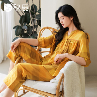 薄家居服 V领显瘦七分袖 秋鹿柔软透气梭织纯棉睡衣女2025秋季 新款