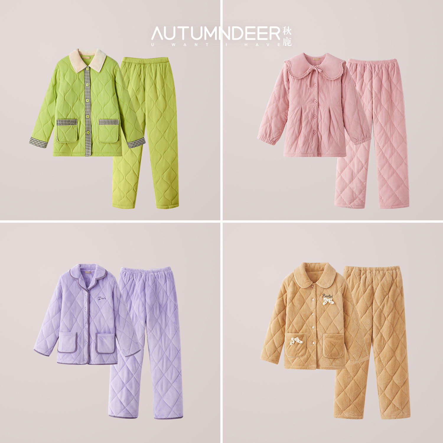 秋鹿针织三层加厚夹棉睡衣女