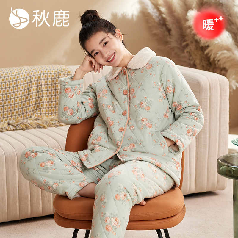 秋鹿加厚夹棉睡衣女2025秋冬款三层加绒纯棉碎花高级感家居服套装