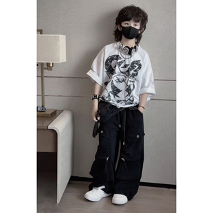 青少年潮牌亲子上衣男女童hiphop街舞满印涂鸦短袖T恤宽松半袖衫