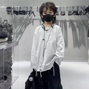 秋冬男女童潮酷hiphop街舞上衣纯白色破洞打底衫长袖t恤宽松童装
