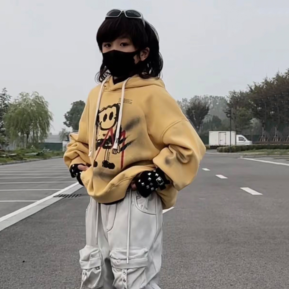 男女童海绵宝宝卡通连帽加绒卫衣