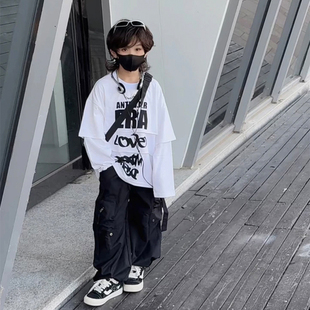 春秋青少年儿童hiphop街舞潮酷上衣表演服男女童洋气纯棉长袖T恤