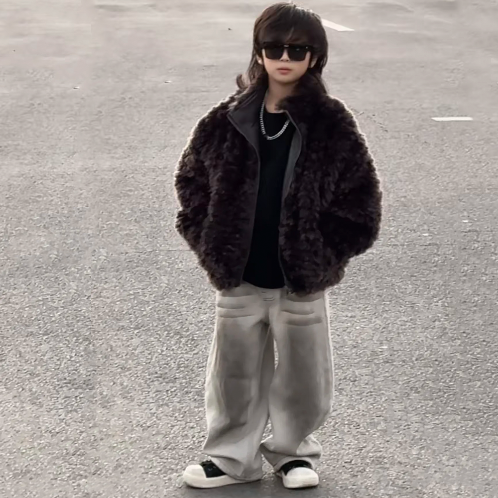 冬韩国男童痞帅炸街双面穿仿皮草外套加厚保暖立领皮衣夹克机车服