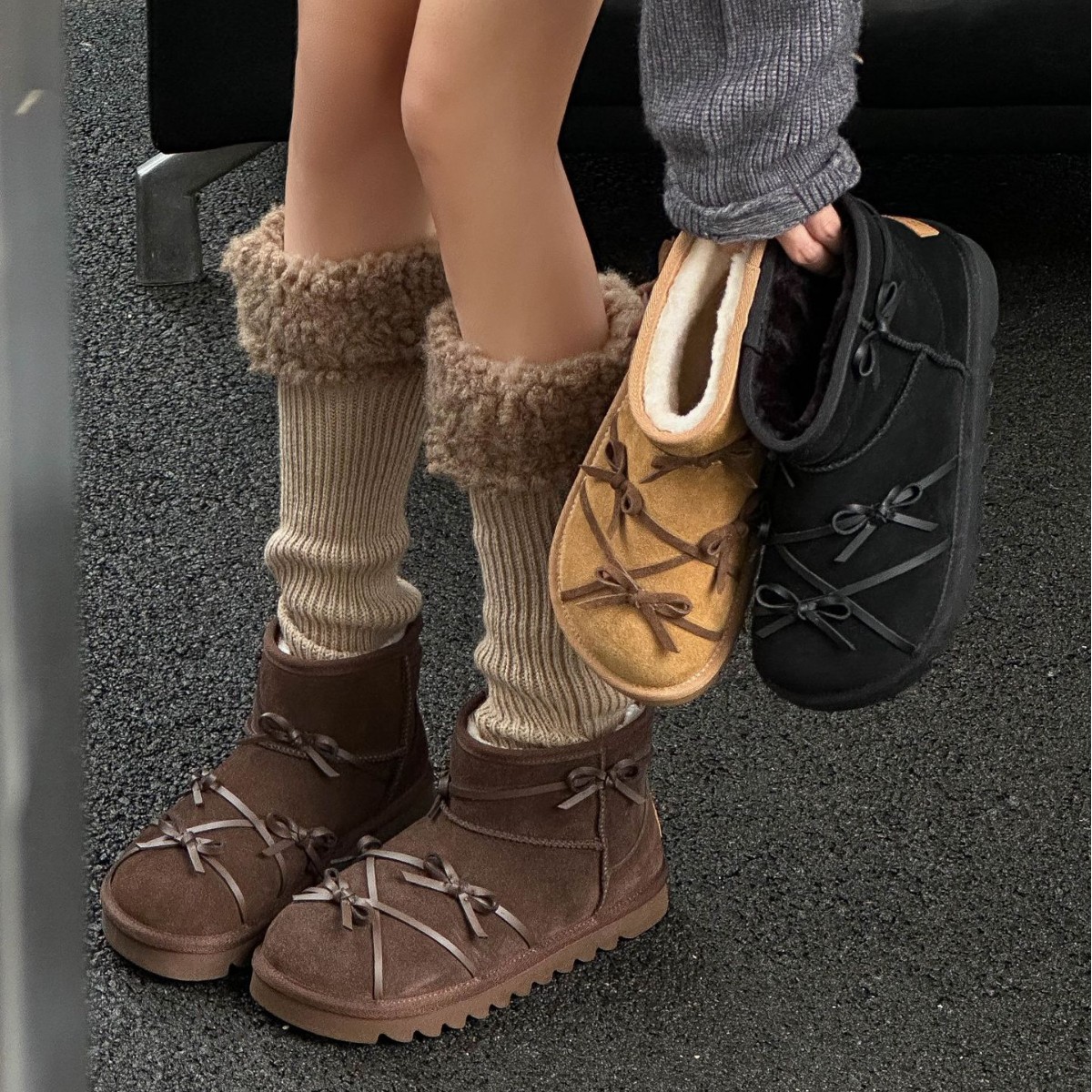 绑带蝴蝶结短筒加绒加厚底雪地靴女冬季皮毛一体一脚蹬保暖毛毛靴