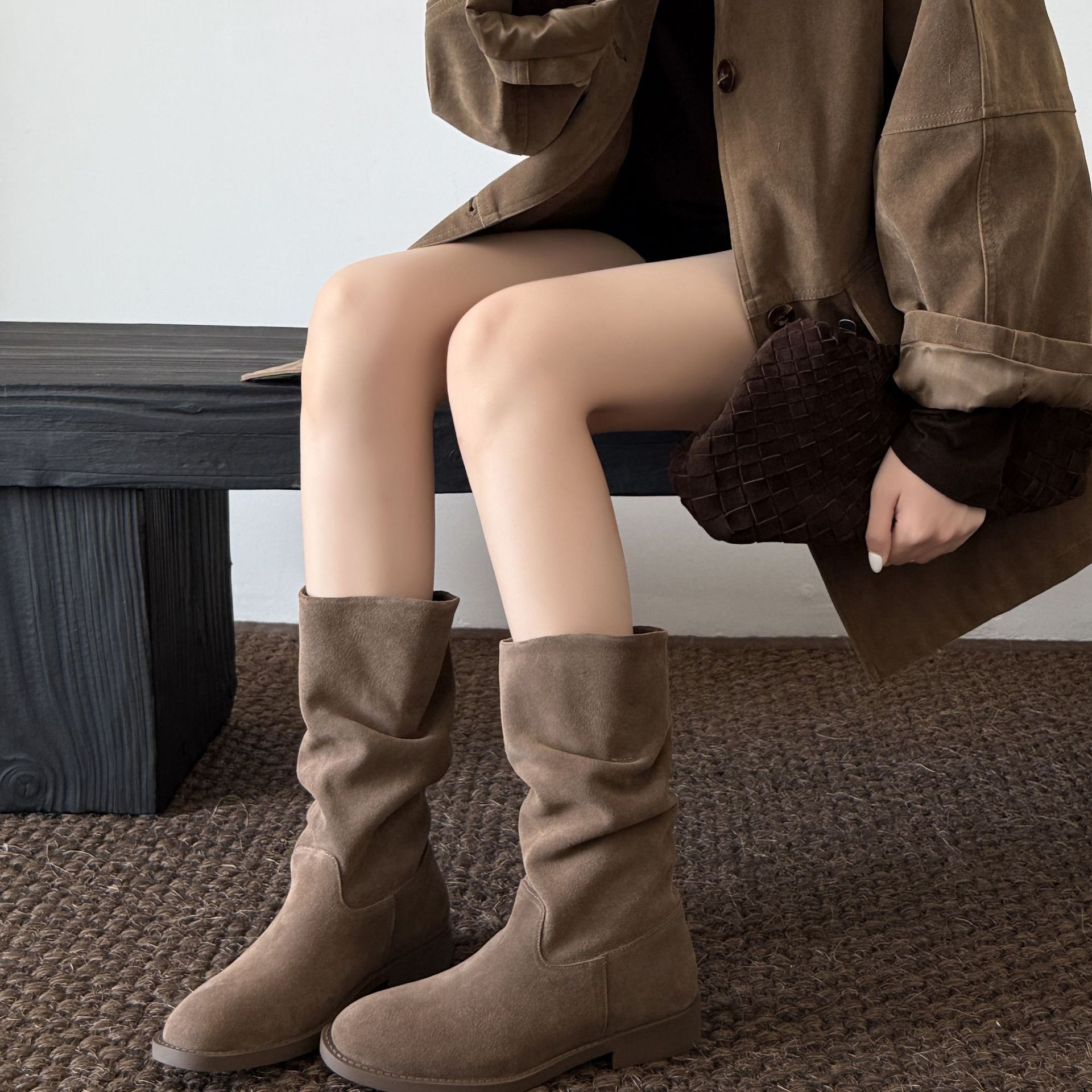 牛皮秋冬修腿型堆堆靴长筒靴两穿过膝增高显瘦高筒骑士靴短靴女