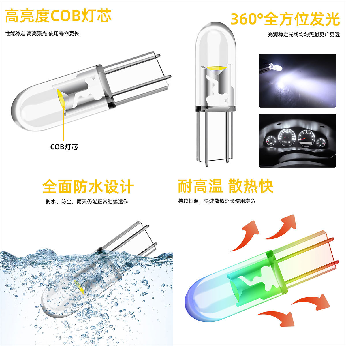 汽车12VT5小直插泡LED仪表盘灯空调灯背景指示排档位灯烟灰缸灯泡