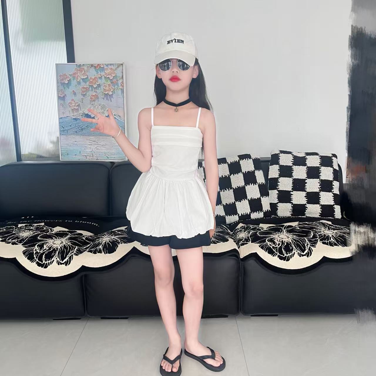 姗姗夏季薄款吊带套装中大童女孩洋气时髦儿童夏装工装短裤两件套
