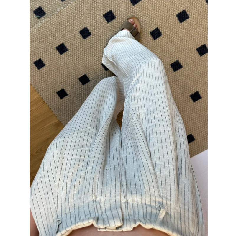 灰色条纹阔腿裤女夏季薄款胖妹妹mm高腰宽松显瘦垂感亚麻休闲长裤