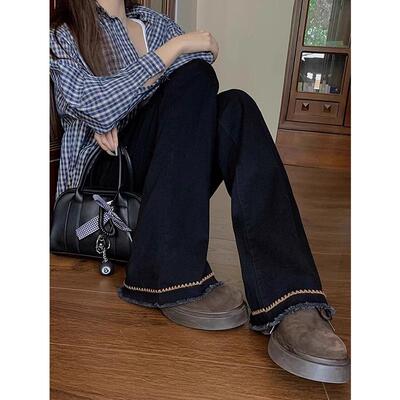 黑色微喇牛仔裤女秋冬加绒大码胖妹妹mm高腰显瘦设计感复古马蹄裤