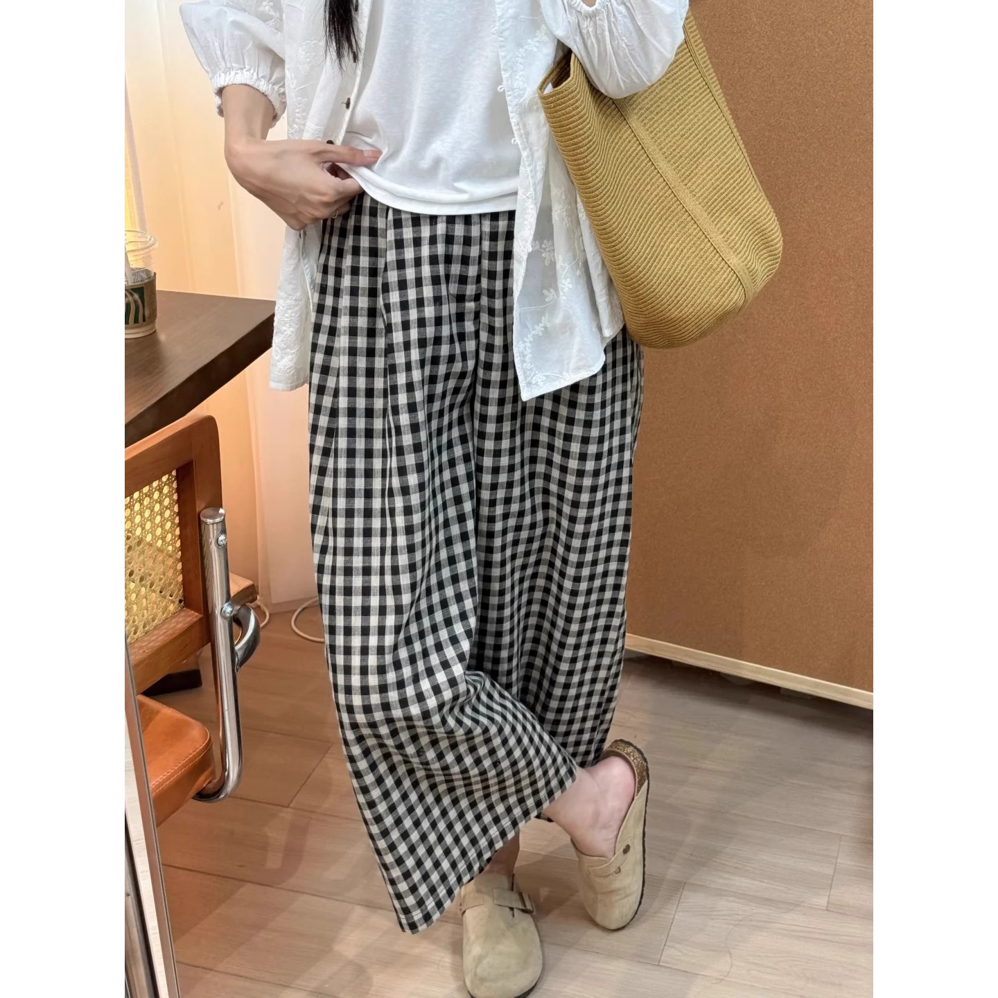 复古格子阔腿裤女夏季