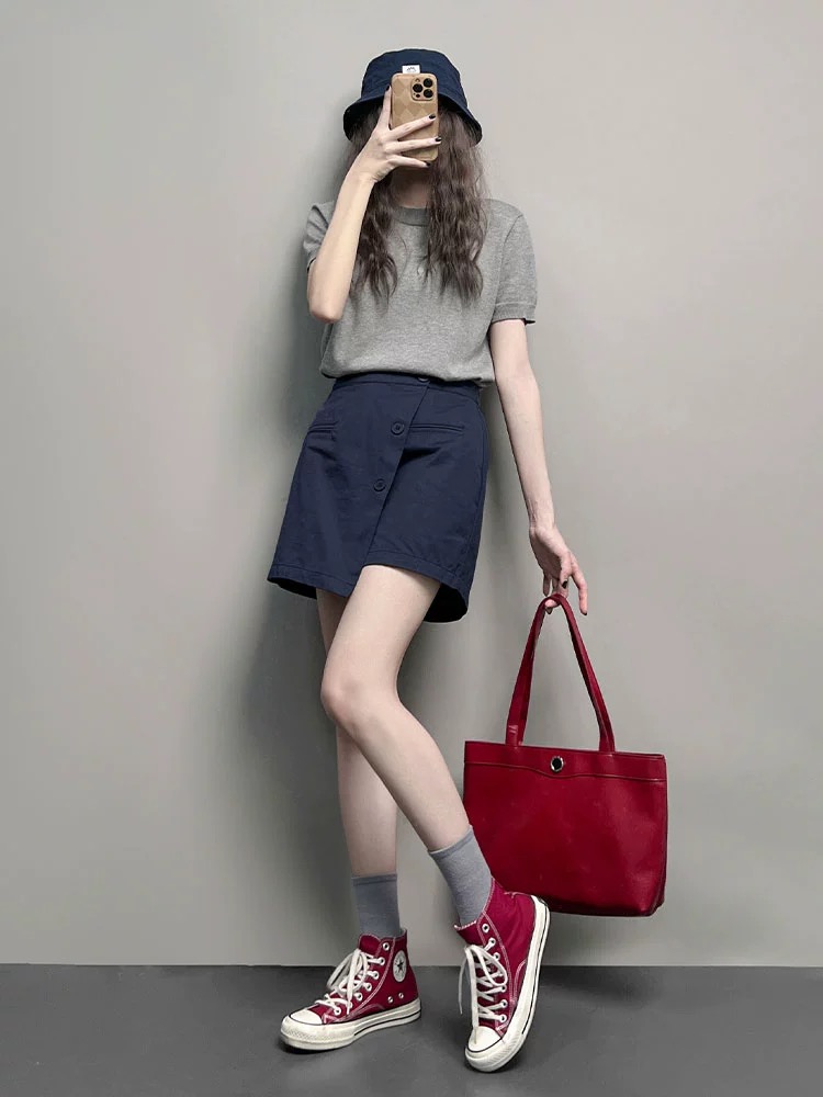 深蓝色不规则阔腿短裤女夏季薄款大码胖妹妹mm宽松显瘦休闲短裤裙