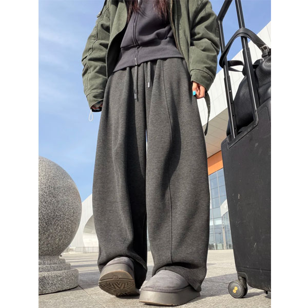 慵懒风深灰色毛呢阔腿裤女2026新款流行爆款梨形身材显瘦加绒裤子