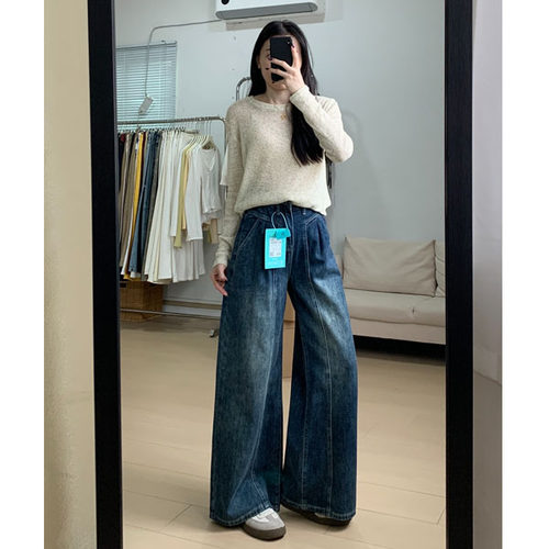 梨型身材阔腿牛仔裤女秋冬加绒今年巨好看流行新款设计感宽松裤子