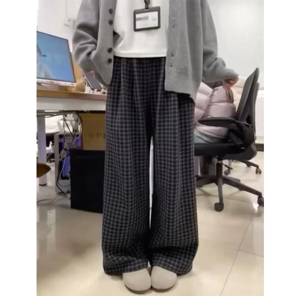 慵懒风毛呢阔腿裤女秋冬新款大码胖mm宽松显瘦加绒直筒格子休闲裤