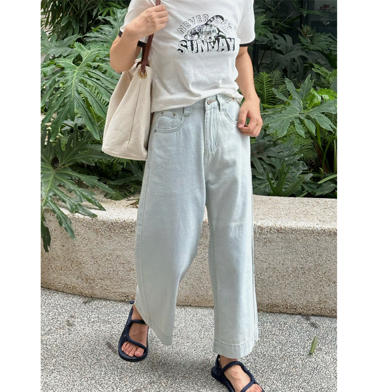 浅色天丝直筒牛仔裤春夏新款胖mm梨形身材高腰显瘦垂感九分阔腿裤