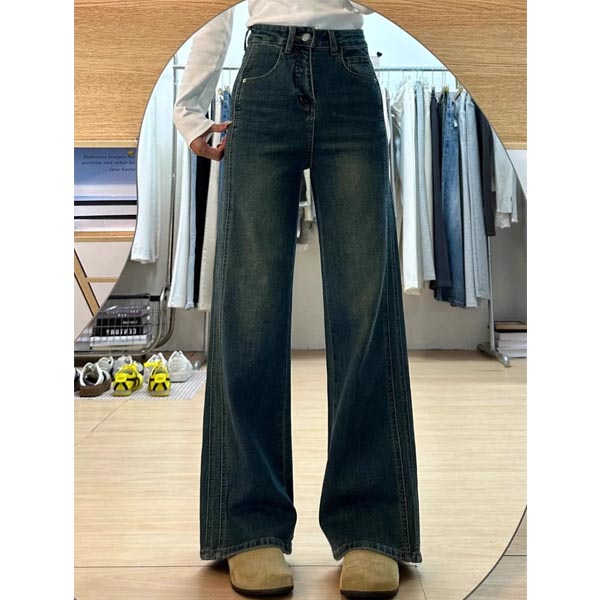 复古蓝加绒直筒牛仔裤女秋冬胖mm显瘦梨形身材宽松弹力微喇阔腿裤