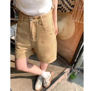 胖mm梨形身材高腰显瘦a字热裤 蝴蝶结刺绣牛仔短裤 大码 女夏季 薄款
