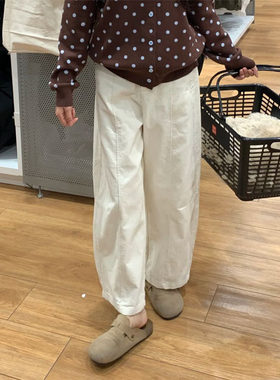 米杏色灯芯绒阔腿裤女秋冬加绒今年流行爆款九分奶奶裤显瘦休闲裤