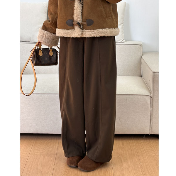 美拉德加绒咖色毛呢阔腿裤女秋冬大码胖mm宽松显瘦遮肉休闲直筒裤