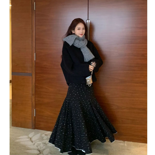 黑色波点鱼尾裙大码女梨形伯克利重工半身裙秋冬小香风长裙到脚踝,女装/女士精品,大码半身裙,淘宝优惠券,粉丝福利购,淘宝优惠卷