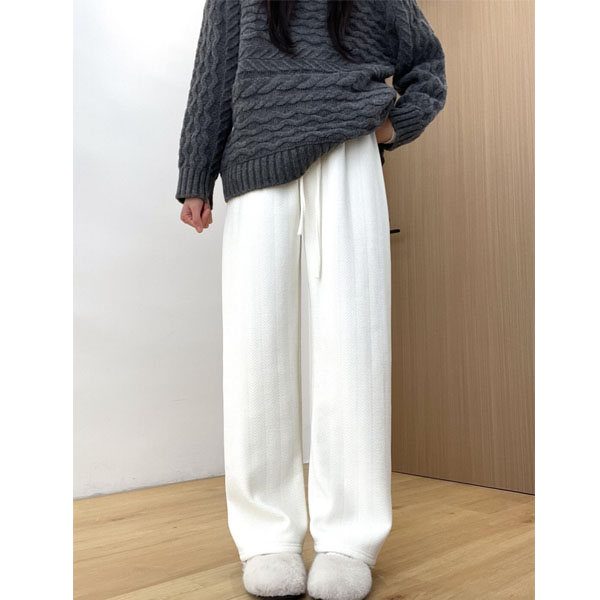 米白色麦穗纹阔腿裤女秋冬新款加绒加厚大码胖mm巨显瘦灯芯绒裤子