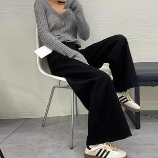 黑色微喇牛仔裤女秋冬加绒大码胖妹妹mm梨形身材宽松显瘦直筒长裤