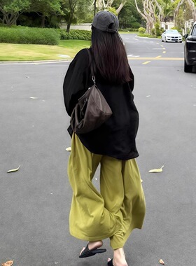 绿色慵懒风阔腿裤女夏季薄款大码胖mm梨形身材宽松显瘦垂感休闲裤