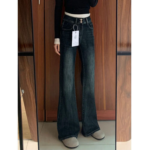 梨型身材复古双扣高腰牛仔裤女2026新款弹力修身显瘦加绒微喇裤子
