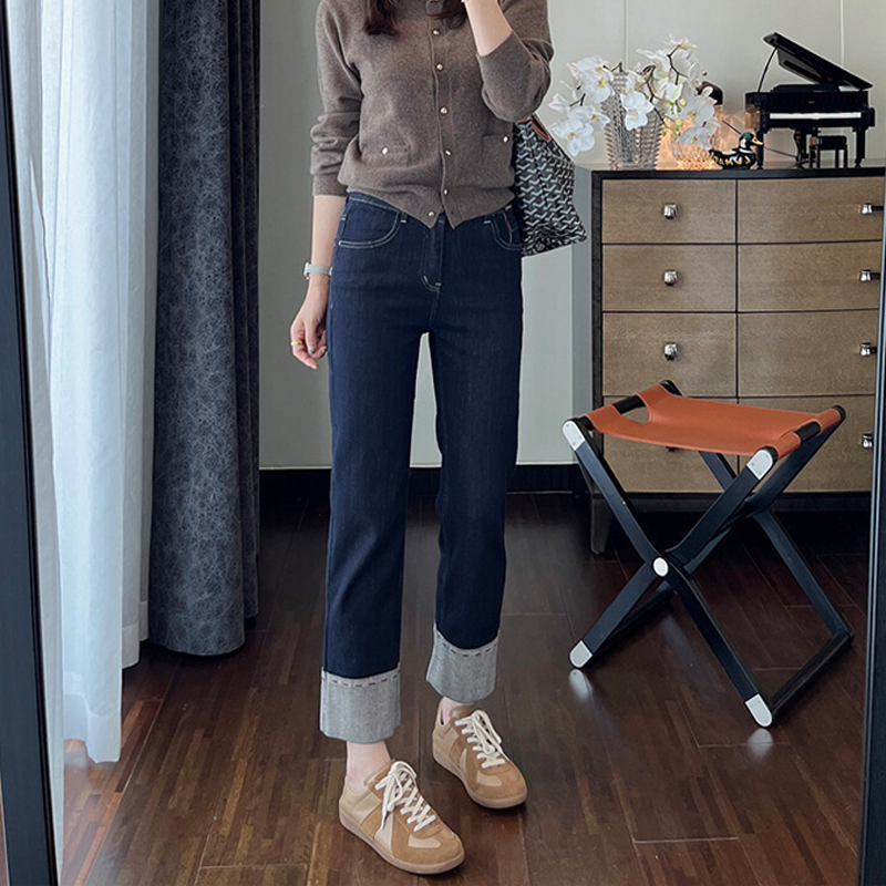 深蓝色直筒牛仔裤女春季新款